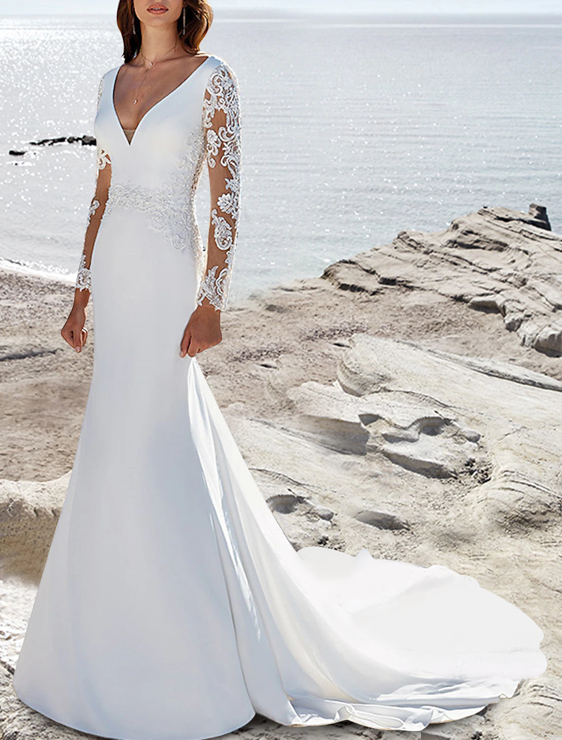 Wholesale Beach Formal Wedding Dresses Mermaid / Trumpet V Neck Long Sleeve Court Train Satin Bridal Gowns With Pleats Solid Color